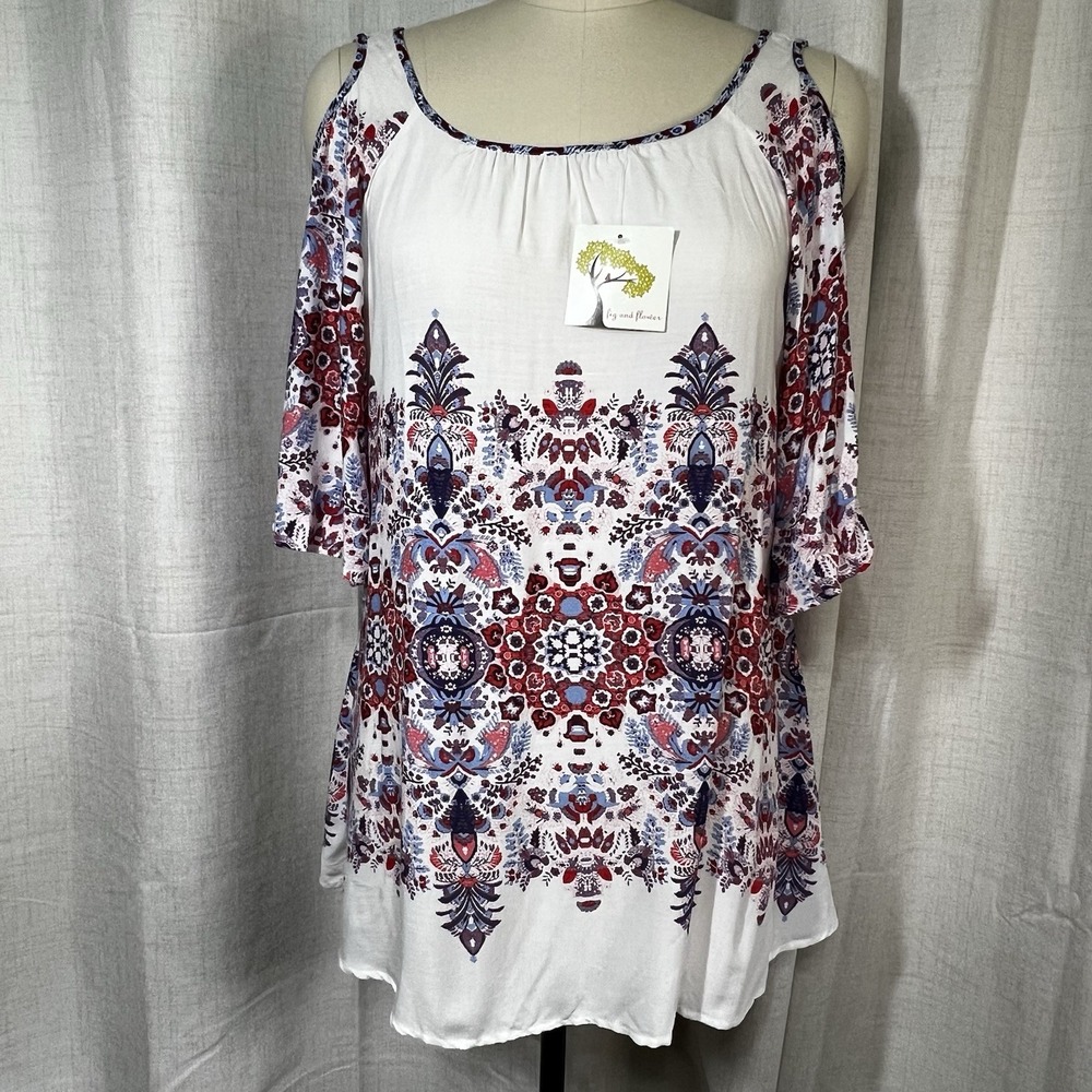 NEW! Fig & Flower Anthropologie Cold Shoulder Boho Tunic White Red Blue Small‎